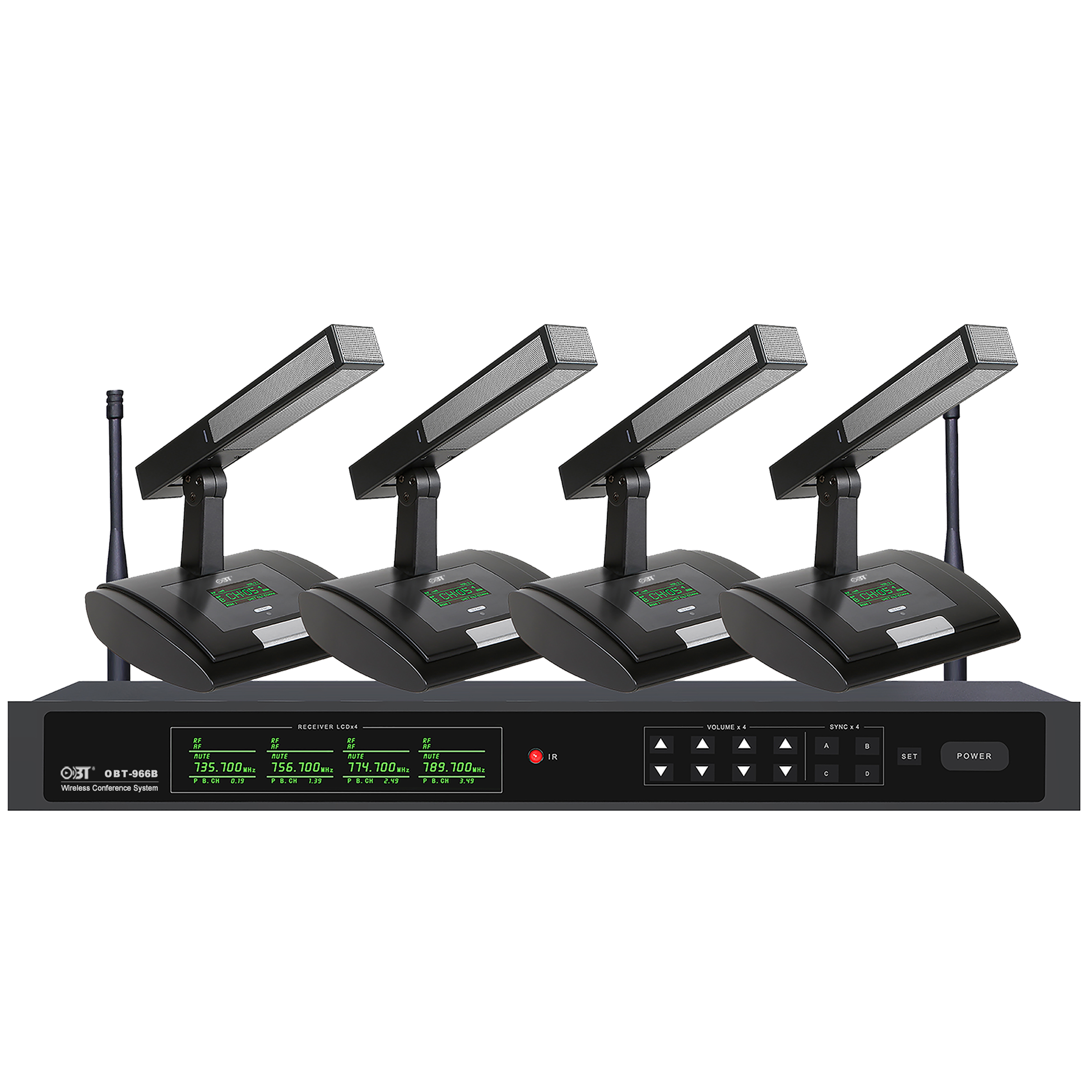 U段無線會(huì)議系統(tǒng)一拖四無線話筒套裝 OBT-966B